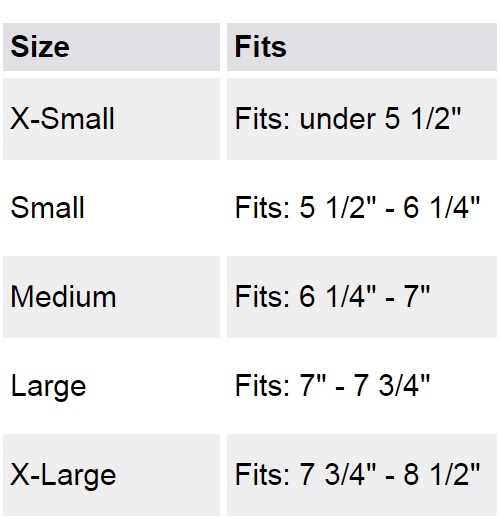 Support poignet Tripod wrist lacer size chart