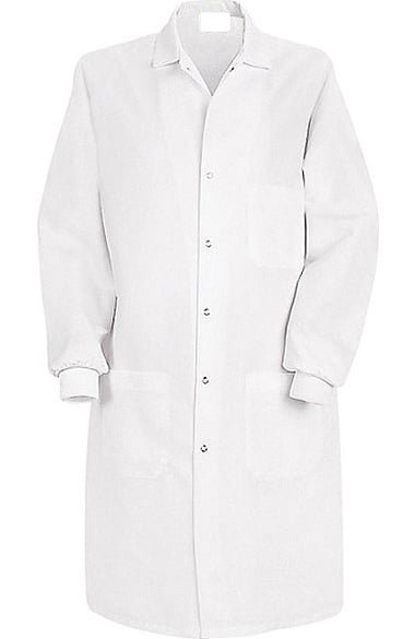 Long lab coat with elastic knit at the wrists.