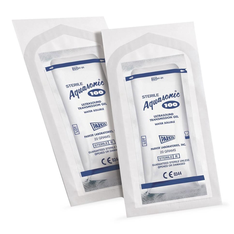 Aquasonic 100 gel in 20 g overwrapped, sterilized foil pouches