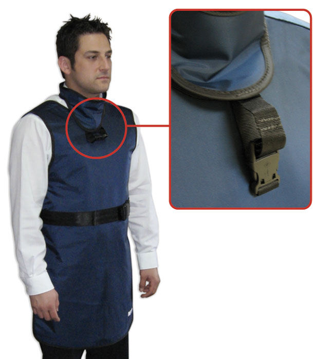 Frontal lead apron with quick release belt and thyroid shield