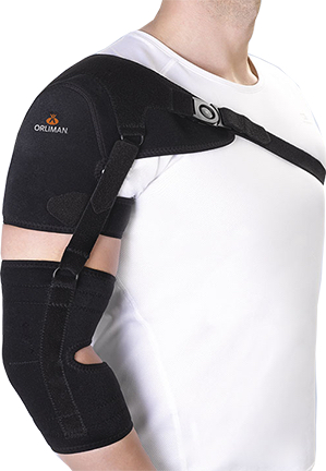 Shoulder support with arm and shoulder strap
